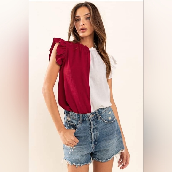 Ces Femme Tops - Color block ruffle sleeve top